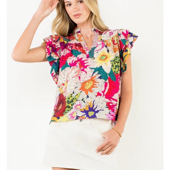 THML Tops - THML MARITZA FLUTTER SLEEVE FLORAL TOP